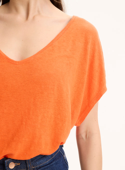 Camiseta naranja de manga corta con cuello en V de lino / elastano - MAJESTIC FILATURES
