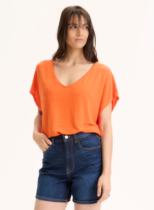 Camiseta naranja de manga corta con cuello en V de lino / elastano - MAJESTIC FILATURES