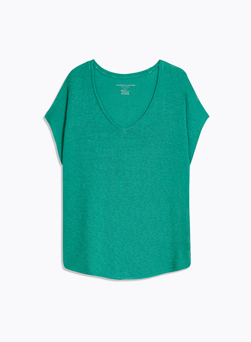Green V-Neck Short Sleeve Linen / Elastane T-Shirt - MAJESTIC FILATURES