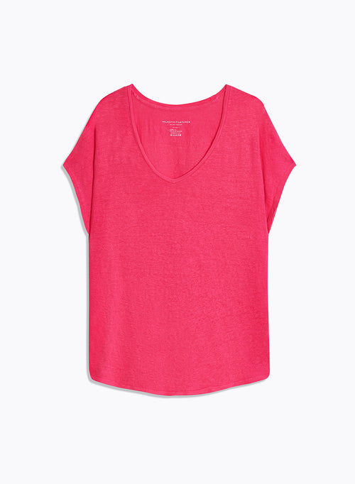 T-shirt Rose Col V Manches Courtes en Lin / Elasthanne - MAJESTIC FILATURES