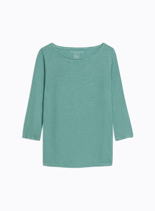Blue 3/4 Sleeve Boat Neck Linen/Elastane T-shirt - MAJESTIC FILATURES