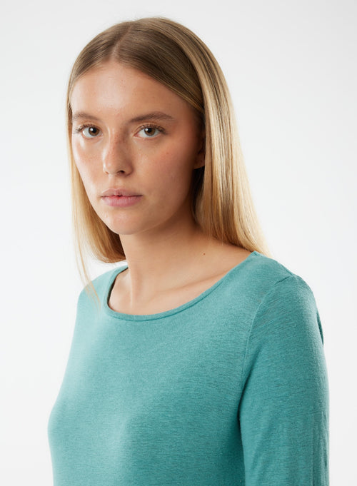 Blue 3/4 Sleeve Boat Neck Linen/Elastane T-shirt - MAJESTIC FILATURES