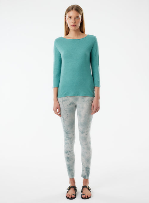 Blue 3/4 Sleeve Boat Neck Linen/Elastane T-shirt - MAJESTIC FILATURES