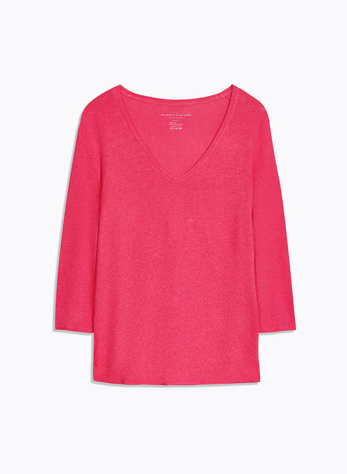 Purple T-Shirt with V-Neck and Three-Quarter Sleeves in Linen / Elastane - MAJESTIC FILATURES