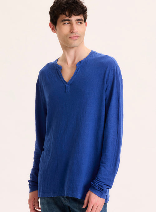 Azul tunecino lino de manga larga / elastano Cuello tunecino - MAJESTIC FILATURES
