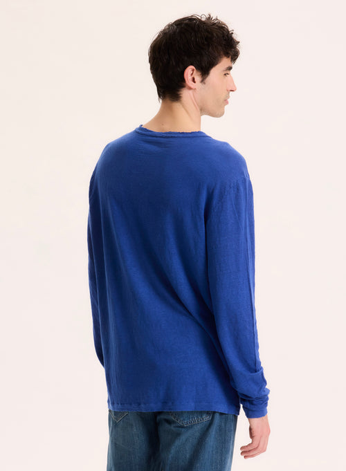 Azul tunecino lino de manga larga / elastano Cuello tunecino - MAJESTIC FILATURES