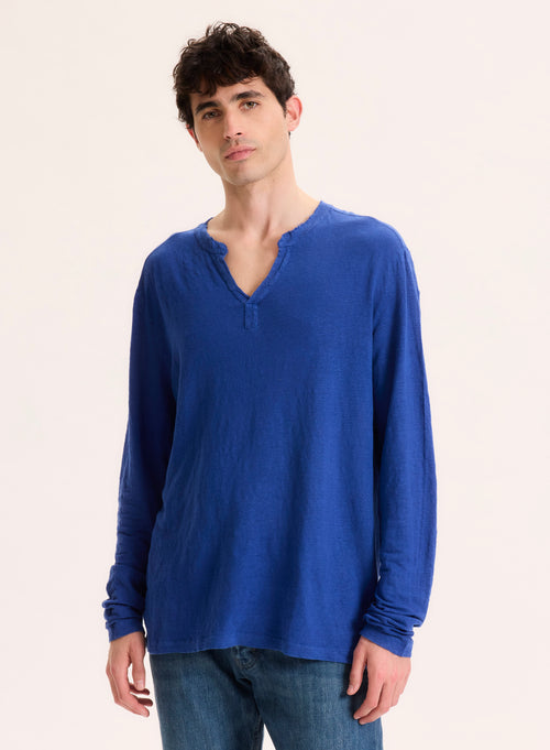 Azul tunecino lino de manga larga / elastano Cuello tunecino - MAJESTIC FILATURES