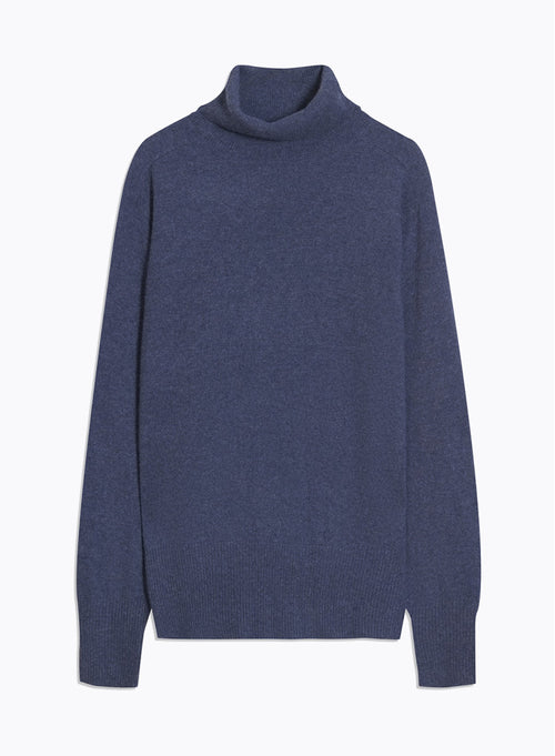 Pull Bleu Chiné Col Roulé Manches Longues en 100% Cachemire - MAJESTIC FILATURES