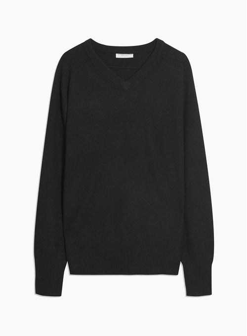 Jersey negro con cuello en V y mangas largas de 100% cachemire - MAJESTIC FILATURES