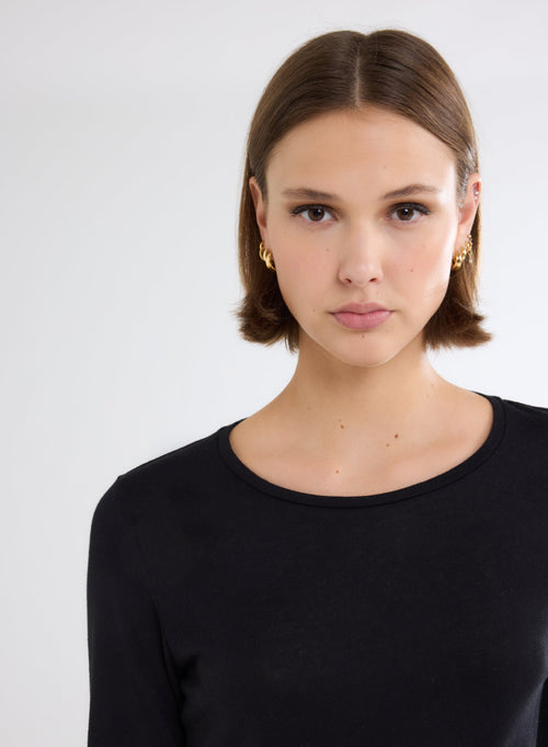 Black long-sleeved round-neck T-shirt in cotton and cashmere - MAJESTIC FILATURES