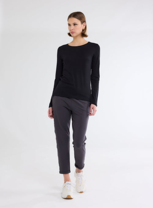 Black long-sleeved round-neck T-shirt in cotton and cashmere - MAJESTIC FILATURES