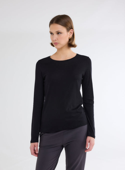 Black long-sleeved round-neck T-shirt in cotton and cashmere - MAJESTIC FILATURES