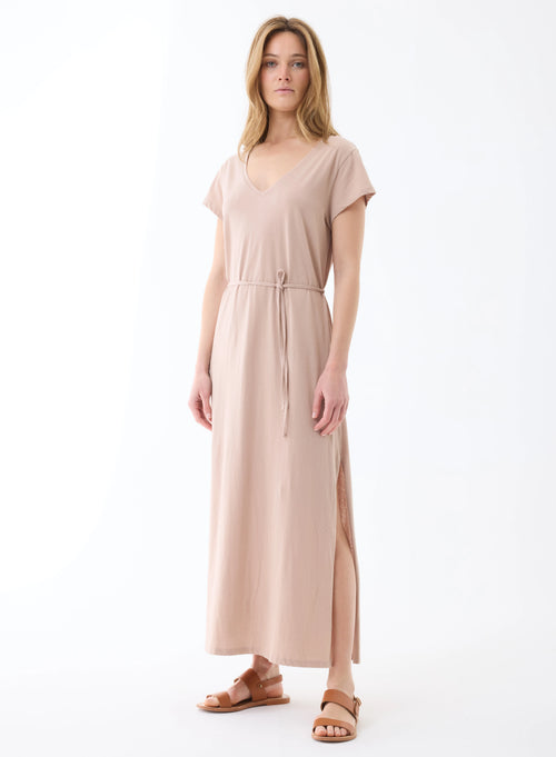 Robe Rose thé Manches Courtes Col V - MAJESTIC FILATURES