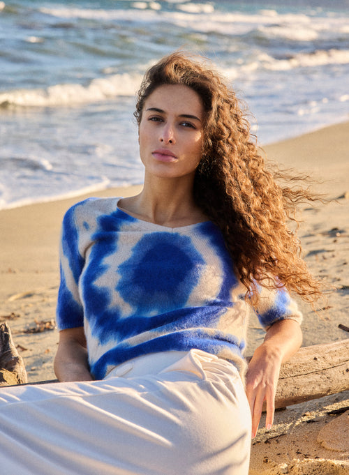 T-shirt Bleu Col V Manches Courtes en Raccoon / Polyamide - MAJESTIC FILATURES