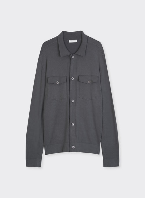 Pirate-Green Long-Sleeve Polo Neck Cardigan in Organic Cotton / Elastane - MAJESTIC FILATURES