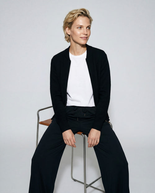 Black Round-Neck Long-Sleeve Cardigan in Raccoon / Polyamide - MAJESTIC FILATURES