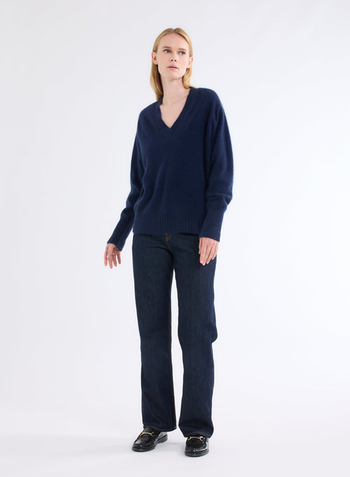 Navy V-Neck Long Sleeve Sweater - MAJESTIC FILATURES