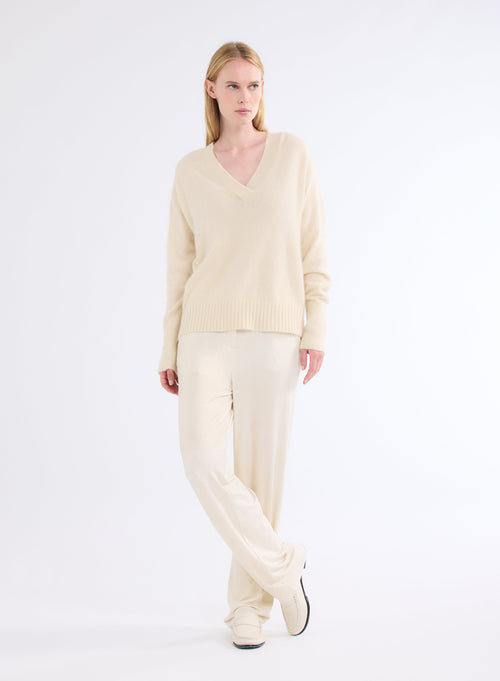 White V-Neck Long Sleeve Sweater - MAJESTIC FILATURES