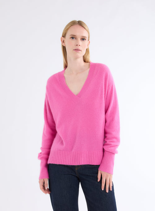 Pink V-Neck Long Sleeve Sweater - MAJESTIC FILATURES