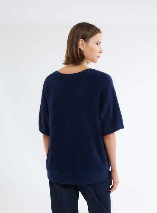 Navy V-Neck Elbow Sleeve Sweater - MAJESTIC FILATURES