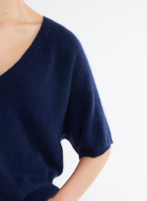 Navy V-Neck Elbow Sleeve Sweater - MAJESTIC FILATURES