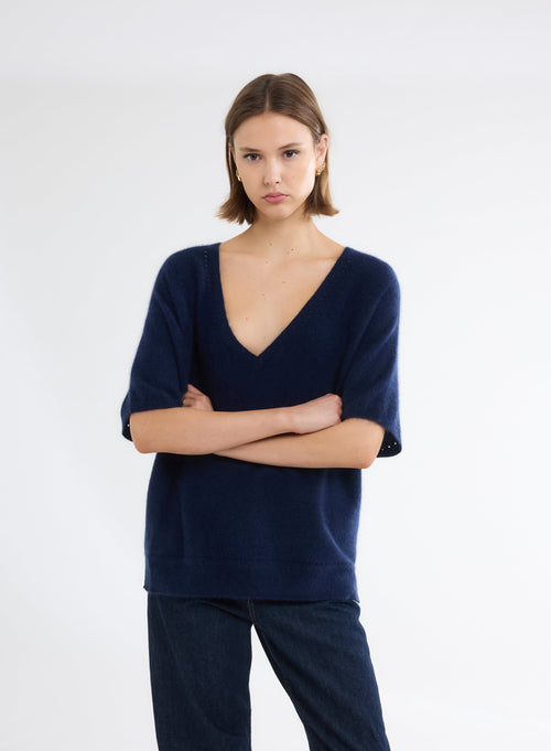 Navy V-Neck Elbow Sleeve Sweater - MAJESTIC FILATURES