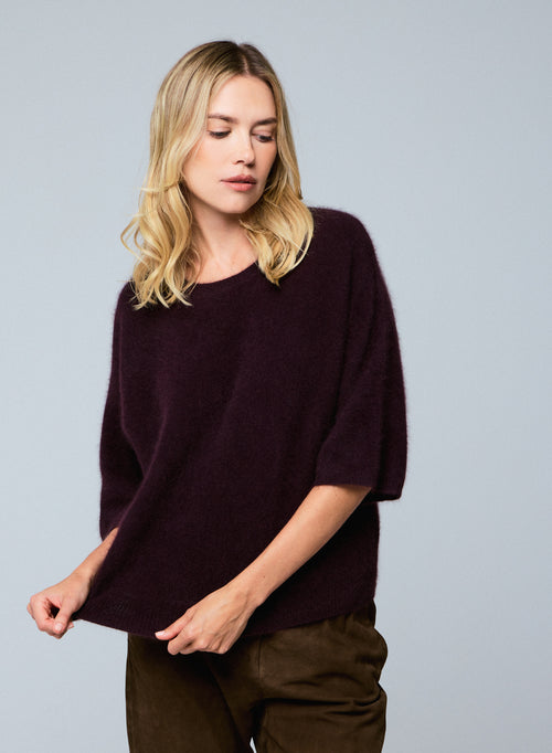 Aubergine Round Neck Kimono Sleeve Sweater in Raccon wool / Polyamide - MAJESTIC FILATURES