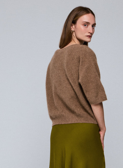 Pull Marron Col Rond Manches Kimono en Raccon wool / Polyamide - MAJESTIC FILATURES