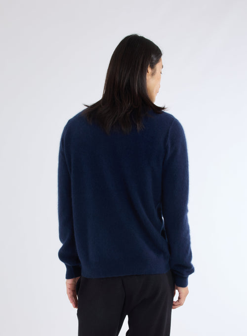 Navy V-Neck Long Sleeve Sweater in Raccoon and Polyamide - MAJESTIC FILATURES