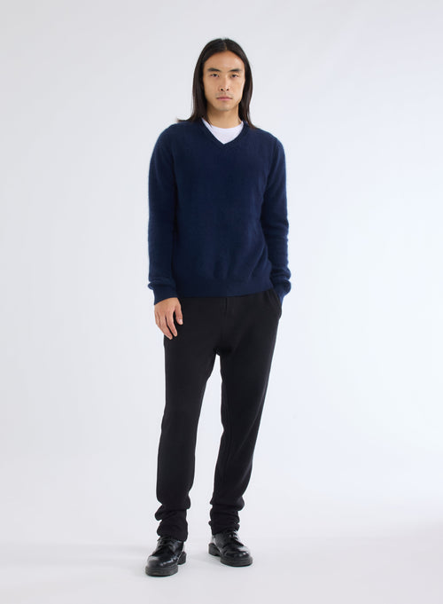 Navy V-Neck Long Sleeve Sweater in Raccoon and Polyamide - MAJESTIC FILATURES