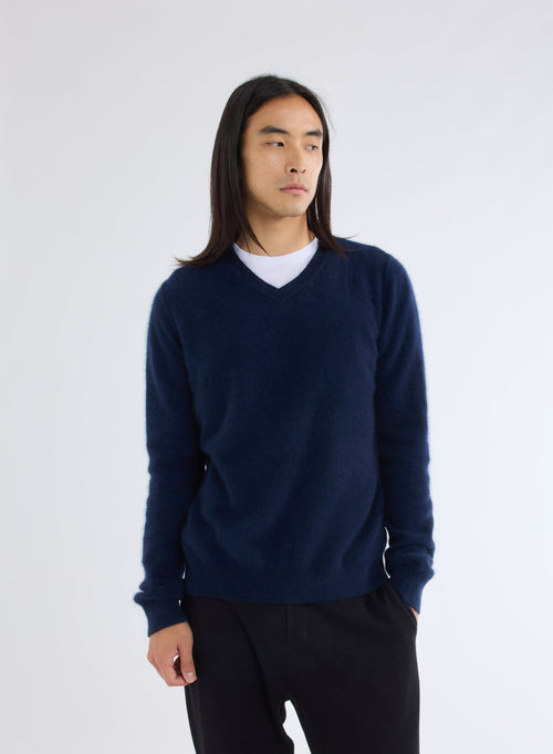 Navy V-Neck Long Sleeve Sweater in Raccoon and Polyamide - MAJESTIC FILATURES