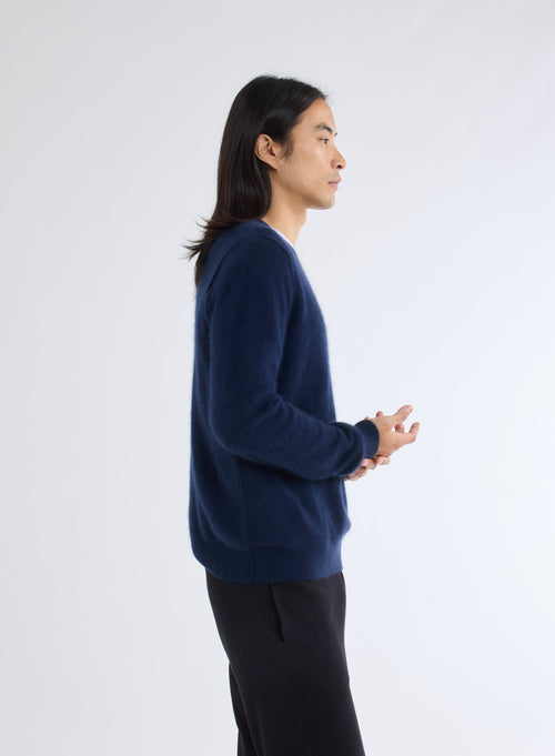 Navy V-Neck Long Sleeve Sweater in Raccoon and Polyamide - MAJESTIC FILATURES