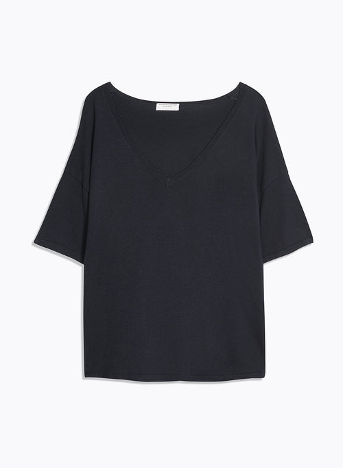 Navy Sweater with V-Neck and Short Sleeves in Organic Cotton and Elastane - MAJESTIC FILATURES