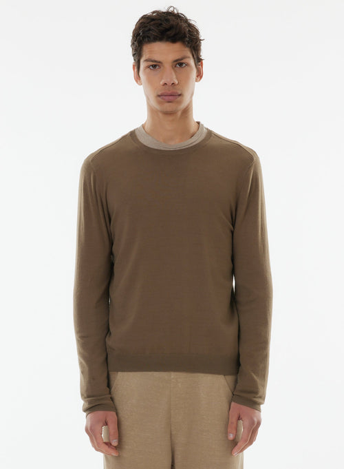 Brown Long Sleeve Round Neck Sweater - MAJESTIC FILATURES