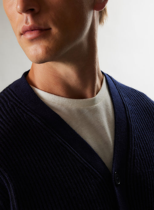 "Wool / Cashemire Ribbed V-neck Cardigan" - MAJESTIC FILATURES