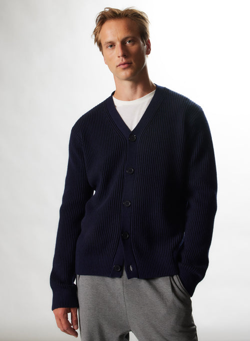 "Wool / Cashemire Ribbed V-neck Cardigan" - MAJESTIC FILATURES