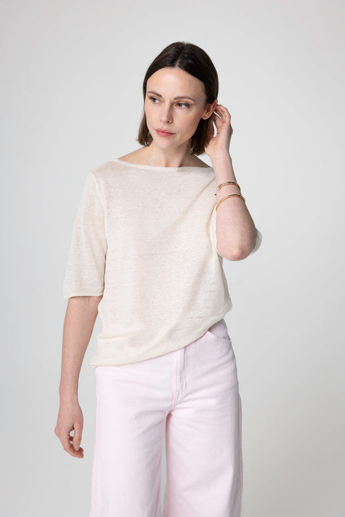 Pullover mit Rundhalsausschnitt Kurze Ärmel aus Leinen in Creme - MAJESTIC FILATURES