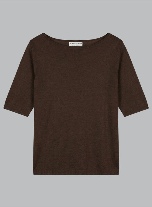 Pullover mit Rundhalsausschnitt und kurzen Ärmeln aus Leinen in Dunkelbraun - MAJESTIC FILATURES