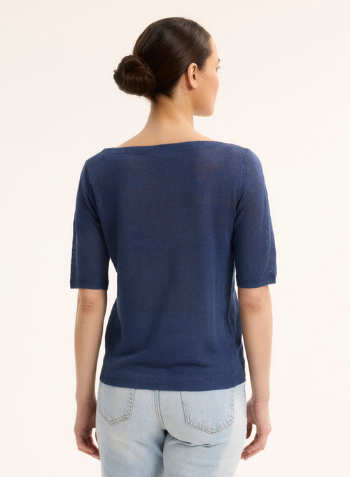 Pull Bleu Col Rond Manches Courtes - MAJESTIC FILATURES