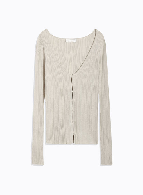 Beige Langarm-Strickjacke mit V-Ausschnitt aus Baumwolle / Viskose / Elasthan / Metallic-Faser - MAJESTIC FILATURES