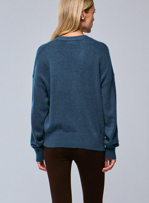 Blaue Strickjacke mit V-Ausschnitt und langen Ärmeln aus Wolle / Seide / Kaschmir - MAJESTIC FILATURES