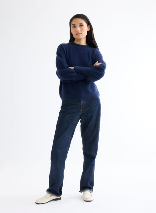 Navy Round Neck Sweater Long Raglan Sleeves - MAJESTIC FILATURES