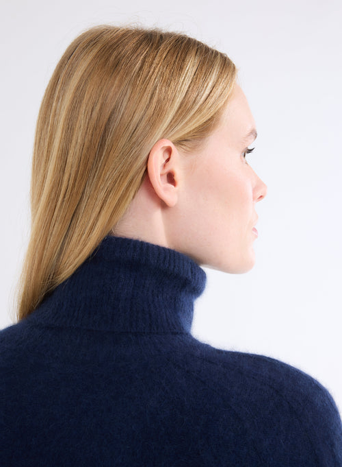 Navy Turtleneck Sweater Long Raglan Sleeves - MAJESTIC FILATURES