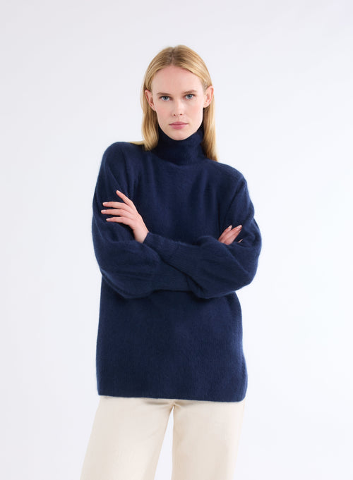 Navy Turtleneck Sweater Long Raglan Sleeves - MAJESTIC FILATURES