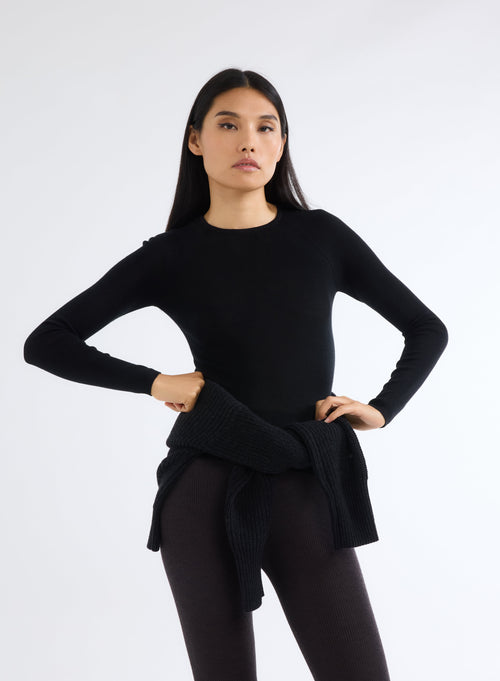 Pull Noir Col Rond Manches Longues - MAJESTIC FILATURES