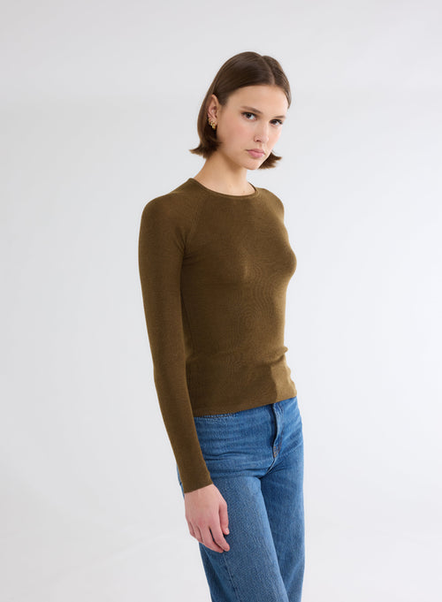 Pull Vert Col Rond Manches Longues - MAJESTIC FILATURES