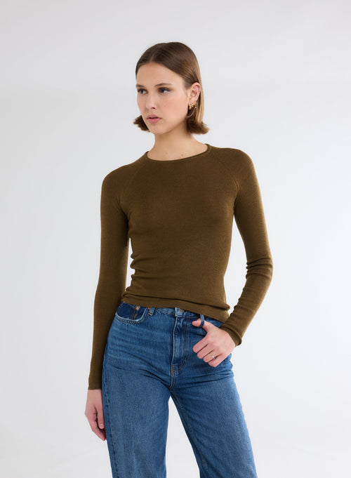 Pull Vert Col Rond Manches Longues - MAJESTIC FILATURES