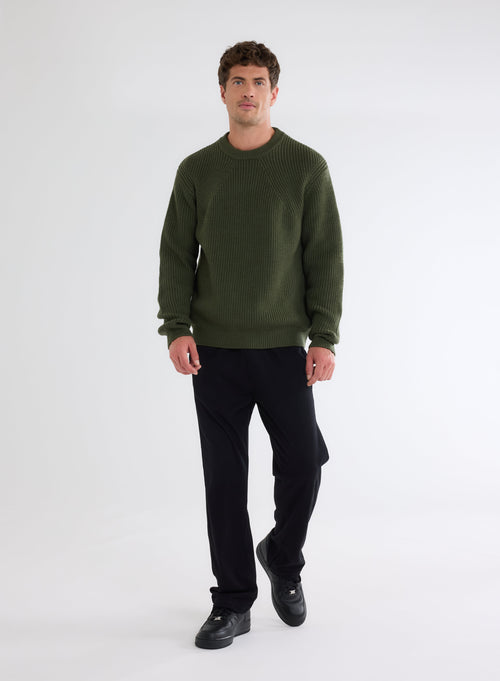 Green Round Neck Long Sleeve Merino Wool Sweater - MAJESTIC FILATURES