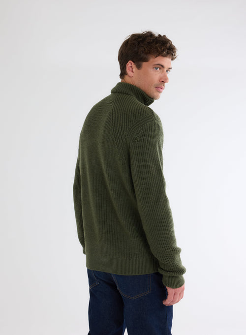 Pull Vert Col Montant Manches Longues en Laine Merinos - MAJESTIC FILATURES