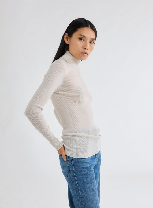 Pull Blanc Col Roulé Manches Longues - MAJESTIC FILATURES